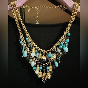 Double Strand Gold Chain with Solid and Clear Blue Bead Statement Necklace